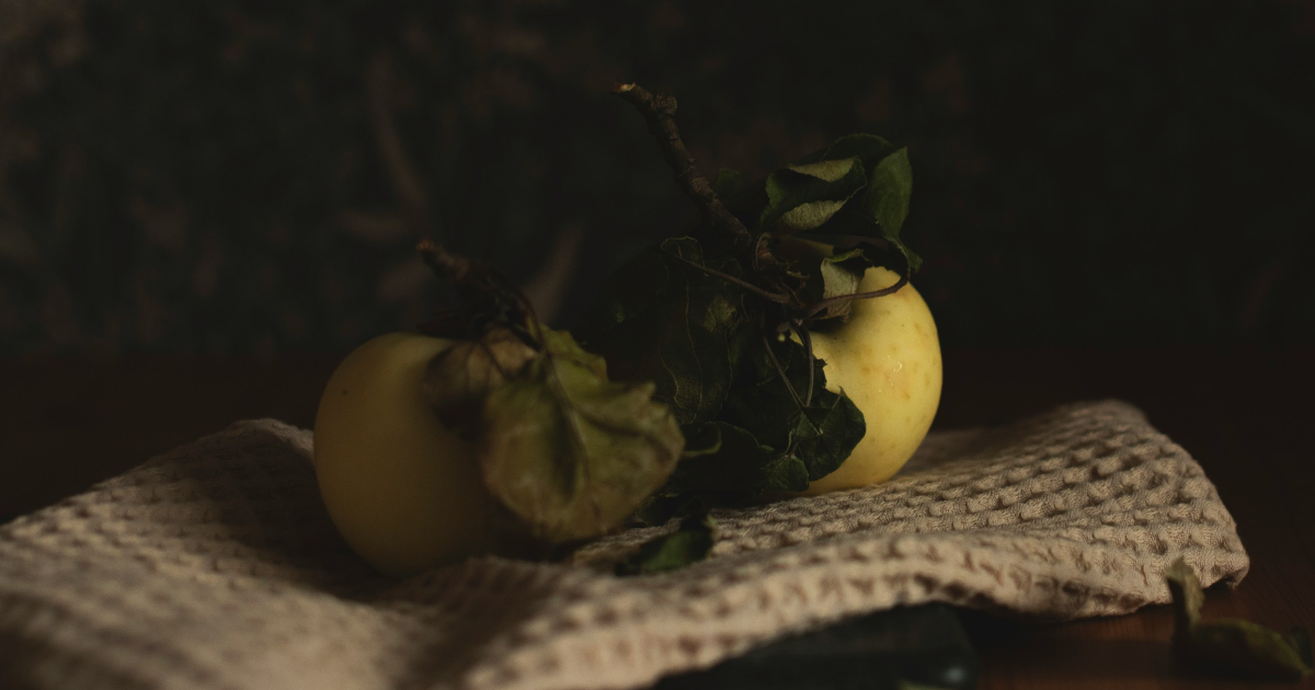 Äpfel mit welken Blättern auf einem Geschirrtuch